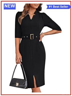 3/4 Sleeve V-Neck Bodycon Pencil Dress with Belt